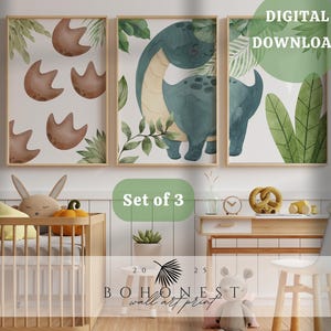 Dinosaur Nursery Room Wall Art Print - Jurassic Baby Art, Modern Nursery Wall Decor - Neutral Dino Poster For Baby Boy - Cute Dinosaur Print