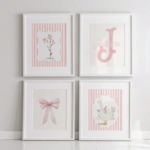 Girl Nursery Silly Goose Art Prints - Vintage Pink Stripe Wall Decor Set of 4 - Cottagecore Baby Girl Room Wall Art, Coquette Boho Nursery