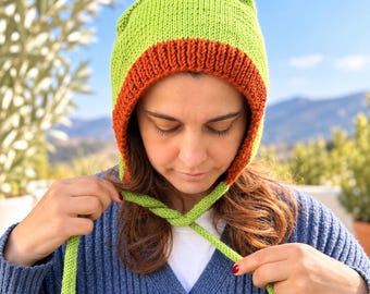 Hand Knit Tie Bonnet,Cozy Winter Balaclava,Earth Element Hat, Unisex Gift