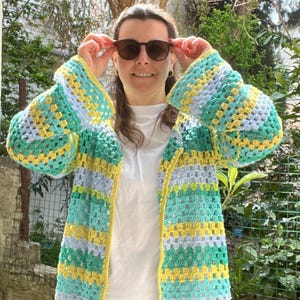 Crochet Granny Square Cardigan, Boho Patchwork Jacket, Oversized Green Sweater