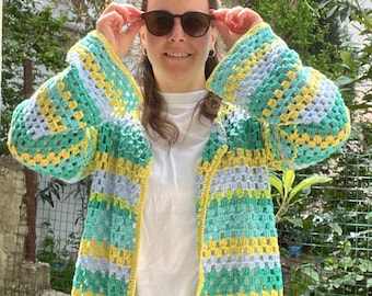 Crochet Granny Square Cardigan, Boho Patchwork Jacket, Oversized Green Sweater