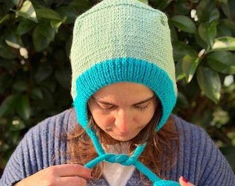 Hand Knit Tie Bonnet, Warm Winter Beanie, Cozy Winter Hat, Gift For Her