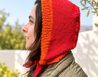 Hand Knit Tie Bonnet, Chunky Cotton-Blend Hat, Unisex Adult Bonnet