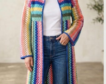 Handgehäkelte Strickjacke, farbenfroher Boho-Pullover im Patchwork-Stil, lange, bunte Strickjacke, Geschenkidee für Sie
