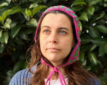 Handmade Crochet Tie Bonnet, Cozy Winter Hood Hat, Boho Gift for Her