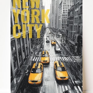 Póster de taxi amarillo de Nueva York / Paisaje urbano a lápiz / Arte mural moderno / Decoración urbana / Impresión de Nueva York