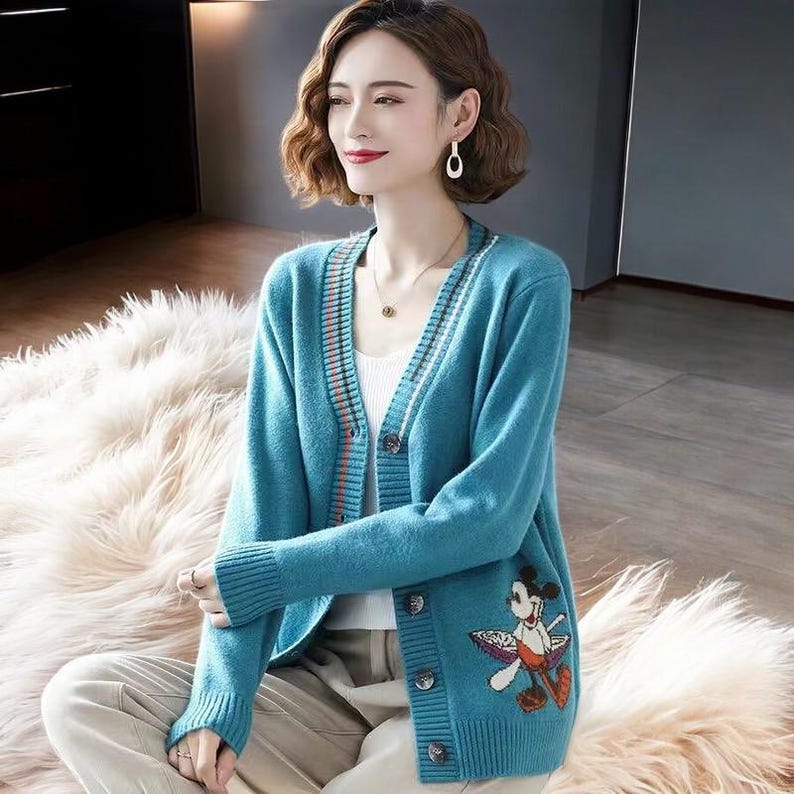 Colorful Cartoon Graphic Cardigan Cozy Knitted Oversized Sweater