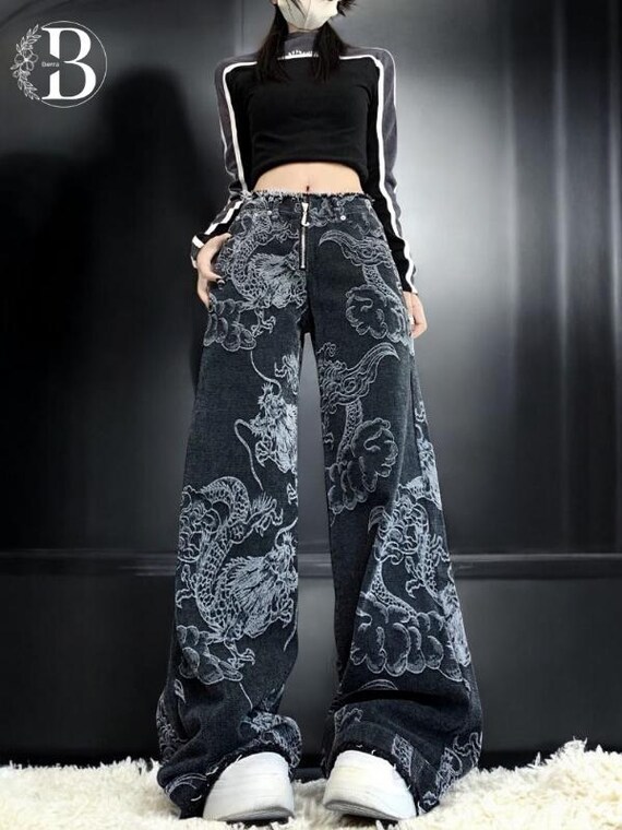Dragon Printed Wide Leg Jeans Pants for Women: High Waisted Black Denim  Pants With Unique Asian Inspired Design, Streetwear. - Etsy