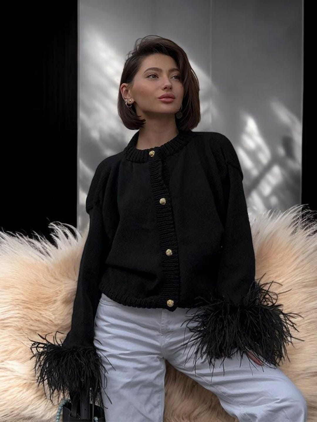 theVirgins feather cuff short cardigan