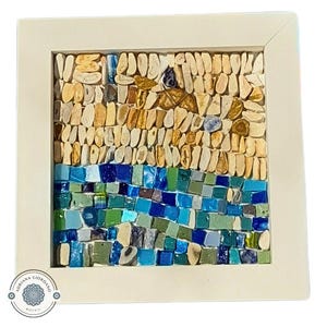 Hand Crafted Modern Framed Mosaic with Glass Pebbles and Brazilian Stones