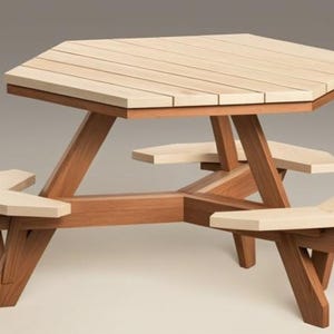 May include: A hexagonal wooden picnic table with four benches. The table and benches are made of light brown wood with a natural finish. The table has a hexagonal top and the benches are attached to the table with a unique design.