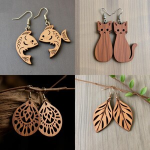 Può includere: Una collezione di quattro paia di orecchini in legno. Gli orecchini presentano disegni di pesci, gatti, gocce e foglie. Ogni paio ha un gancio color oro. Gli orecchini sono realizzati in legno marrone chiaro.