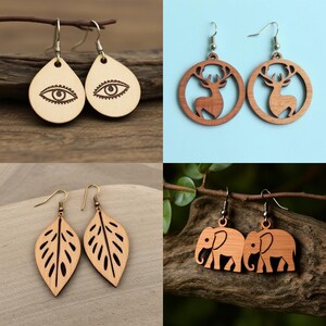 May include: A selection of wooden earrings in different styles. Features teardrop earrings with eye motifs, circular earrings with deer outlines, leaf-shaped earrings, and elephant-shaped earrings. All earrings have silver hooks.