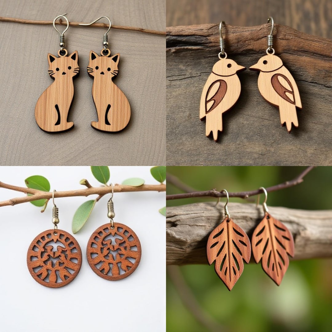 Modèle de boucle d'oreille pendante feuille en bois : design découpé au ...