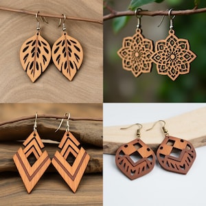 May include: Four pairs of wooden earrings with different designs. The earrings are all made of natural wood and have a light brown color. The designs include a leaf, a mandala, a geometric pattern, and a diamond shape.