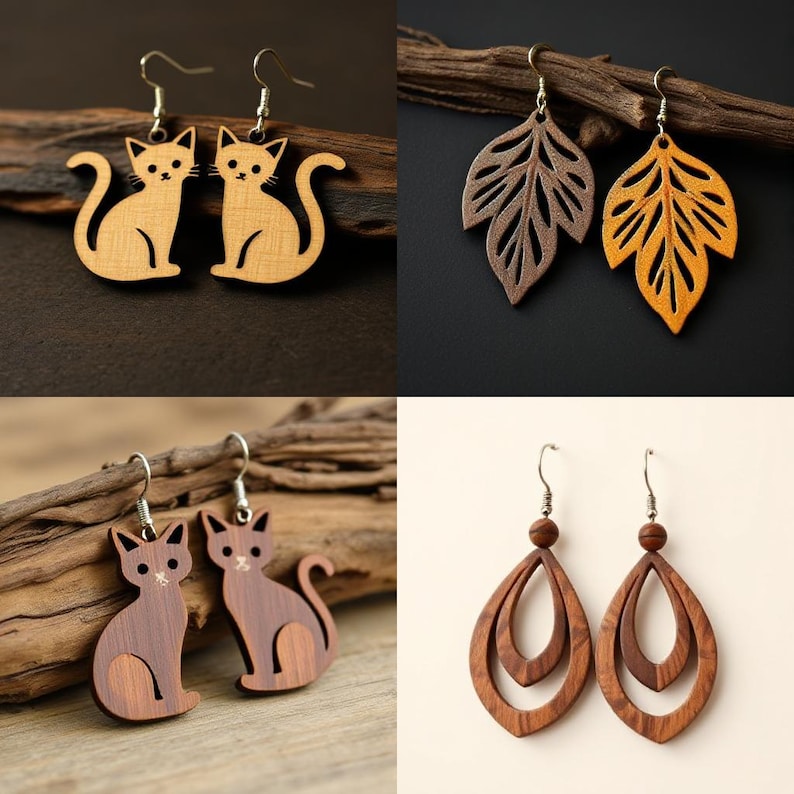 May include: A collection of wooden earrings in various designs. The earrings include cat shapes, leaf shapes, and teardrop shapes. The cat earrings are light brown and dark brown. The leaf earrings are brown and yellow. The teardrop earrings are brown.