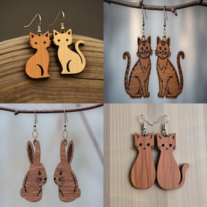 May include: Wooden cat and bunny earrings in various styles. The earrings are laser cut from wood and feature different cat and bunny designs. The earrings have gold-colored hooks.
