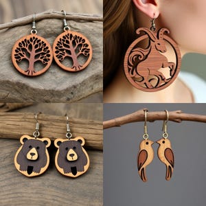 May include: Four pairs of wooden earrings. Two pairs feature animal designs: bears and birds. The other two pairs have tree and zodiac designs. All earrings have silver-colored hooks and are made of light and dark brown wood.