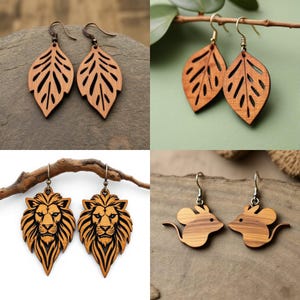 May include: A collection of wooden earrings in various designs. The earrings include leaf shapes, lion heads, and mouse silhouettes. The earrings are light brown with intricate cut-out details and metal hooks for pierced ears.