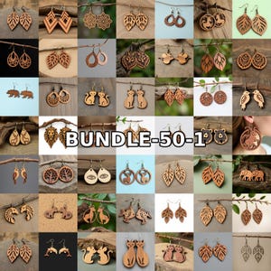 Può includere: Una collezione di orecchini in legno con vari design, tra cui foglie, animali e forme geometriche. Gli orecchini sono esposti su uno sfondo neutro. Il testo "BUNDLE-50-1" è visibile.