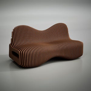 May include: A brown wooden bench with a wavy, organic design. The bench is made of many thin slats of wood that are stacked on top of each other.