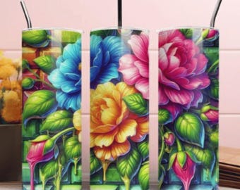 Envoltura para vaso con diseño floral de primavera – Sublimación PNG delgada de 20 oz – Diseño de vaso recto para impresión