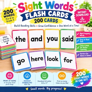 May include: A set of 200 sight words flash cards with colorful borders, featuring black text on white backgrounds. The cards display words like the, and, you, said, go, here, look, and for. The set includes a stack of cards and individual cards arranged in rows, with text indicating 200 words total and 8.5 x 11 inch standard US letter size.