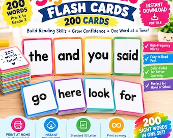 May include: A set of 200 sight words flash cards with colorful borders, featuring black text on white backgrounds. The cards display words like the, and, you, said, go, here, look, and for. The set includes a stack of cards and individual cards arranged in rows, with text indicating 200 words total and 8.5 x 11 inch standard US letter size.