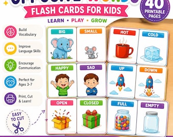 Opposite Words Flash Cards for Kids | 40 Printable Vocabulary Pages (PDF Download)