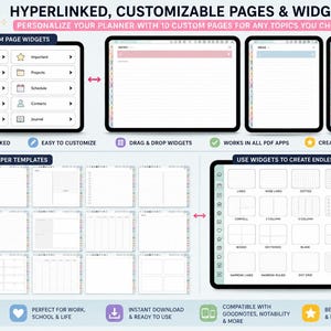 May include: A digital planner set featuring hyperlinked, customizable pages and widgets. Includes 10 custom page widgets, 30 notes paper templates, and various layout options for productivity. Text includes HYPERLINKED, CUSTOMIZABLE PAGES & WIDGETS.