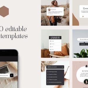 Puede incluir: Una colecci&oacute;n de 10.000 plantillas de Canva editables que se muestran en la pantalla de un tel&eacute;fono inteligente. Las plantillas presentan varios dise&ntilde;os, que incluyen una mujer con una chaqueta marr&oacute;n, una lista de verificaci&oacute;n, una barra de b&uacute;squeda y una notificaci&oacute;n de recordatorio.