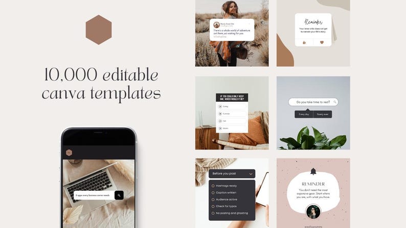 Puede incluir: Una colecci&oacute;n de 10.000 plantillas de Canva editables que se muestran en la pantalla de un tel&eacute;fono inteligente. Las plantillas presentan varios dise&ntilde;os, que incluyen una mujer con una chaqueta marr&oacute;n, una lista de verificaci&oacute;n, una barra de b&uacute;squeda y una notificaci&oacute;n de recordatorio.
