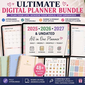 May include: A digital planner bundle featuring 6000+ pages, 100+ notebooks, and 1000+ stickers. The display shows 2025, 2026, 2027, and undated planners with daily, weekly, monthly, and yearly views. Includes 48+ covers and is compatible with Goodnotes.