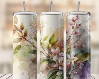 Envoltura para vaso con flores de primavera PNG – Diseño de sublimación para vaso delgado de 20 oz – Envoltura floral para impresión por sublimación