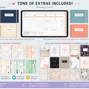 May include: A digital planning bundle featuring 100 notebooks in various solid and gradient colors, a tablet displaying note page layouts, over 40 planner covers with diverse patterns, and thousands of pre-cropped digital stickers for organization.