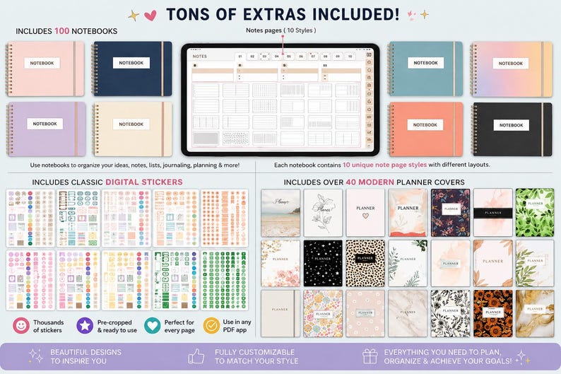 May include: A digital planning bundle featuring 100 notebooks in various solid and gradient colors, a tablet displaying note page layouts, over 40 planner covers with diverse patterns, and thousands of pre-cropped digital stickers for organization.