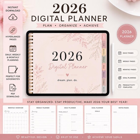 2026 Digital Planner | Hyperlinked PDF Planner | Daily, Weekly & Monthly Organizer | Instant Download | GoodNotes