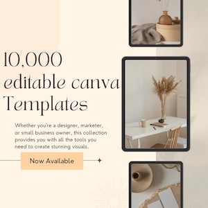 Puede incluir: Una tableta digital que muestra una maqueta de dise&ntilde;o minimalista con hierbas secas en un jarr&oacute;n sobre una mesa blanca. El texto "10.000 plantillas de Canva editables" se muestra en la pantalla. El texto "Ya sea que seas un dise&ntilde;ador, un mercad&oacute;logo o un peque&ntilde;o empresario, esta colecci&oacute;n te proporciona todas las herramientas que necesitas para crear visuales impresionantes." tambi&eacute;n se muestra en la pantalla. El texto "Disponible ahora" se muestra en un bot&oacute;n en la parte inferior de la pantalla.