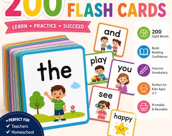 200 Sight Words Flash Cards for Kids | Preschool Kindergarten Learning (Digital Download)