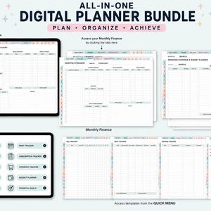 May include: An all-in-one digital planner bundle featuring monthly finance, spending overview, budget planner, bill tracker, debt tracker, and savings tracker templates. The interface includes a quick menu with navigation tabs for financial goals.