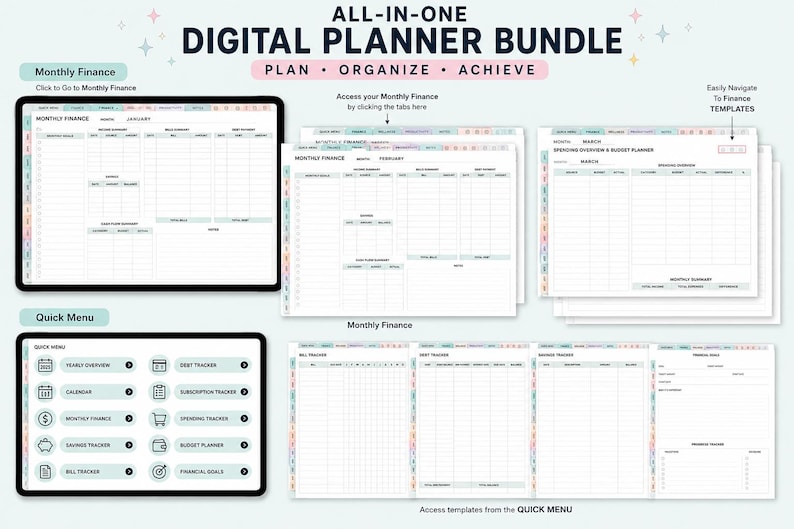 May include: An all-in-one digital planner bundle featuring monthly finance, spending overview, budget planner, bill tracker, debt tracker, and savings tracker templates. The interface includes a quick menu with navigation tabs for financial goals.