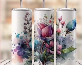 Sublimación PNG de envoltura floral de primavera para vaso: diseño de vaso delgado de 20 oz, descarga de flores de acuarela sin costuras