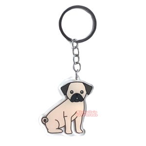 Mopshond Pug Sleutelhanger | Cartoon Honden Ras Bedel | Cute Kawaii Puppy Dieren Kado | Acrylic Dubbelzijdige Hanger Cadeau