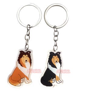 Langharige Schotse Collie Hond Sleutelhanger | Cartoon Puppy Ras Bedel | Cute Kawaii Dieren Kado | Acrylic Dubbelzijdige Hanger Cadeau