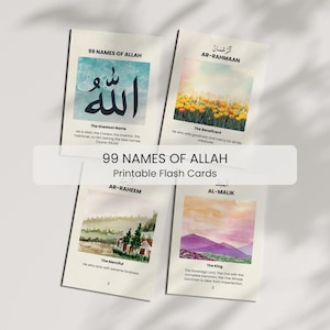Flashcards com 99 nomes de Alá, Flashcards de Asmaul Husna, Flashcards islâmicos para impressão, Cartões de oração Dua, Presentes islâmicos, Cartões de Dua islâmicos, Alcorão