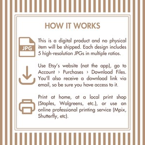 May include: An informational graphic with brown and white vertical stripes featuring the text HOW IT WORKS. It explains that this is a digital product with 5 high-resolution JPGs, download instructions via Etsy, and printing options.