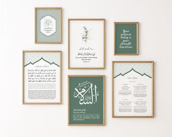 Set of 6 Sage Green Islamic Wall Art, Ayatul Kursi Four Quls, Quran Verse Print, Arabic Calligraphy Poster, Islamic Home Decor, Printable