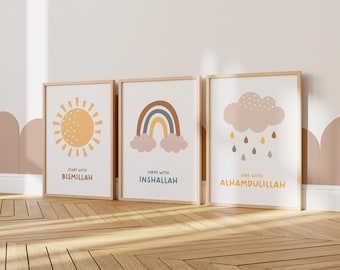 Islamic Nursery Wall Art Set med 3: Bismillah Inshallah Alhamdulillah, Muslim Kids Room Decor (Digital Nedladdning)