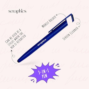 May include: A blue 3-in-1 pen with the brand name "seraphics" printed on it. The pen has a mobile holder and screen cleaner. It can be used as a stylus when the nib is retracted.