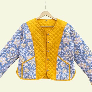 Reversible Quilted Jacket, Floral Block Print with Solid Yellow Side